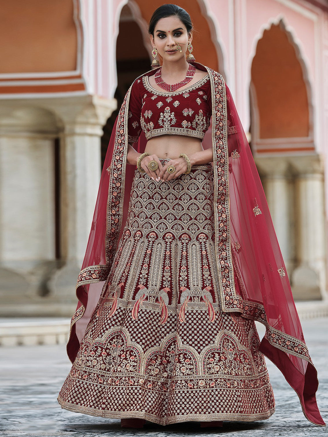 Designer Maroon Semi Stitched Lehenga With Unstitched Blouse