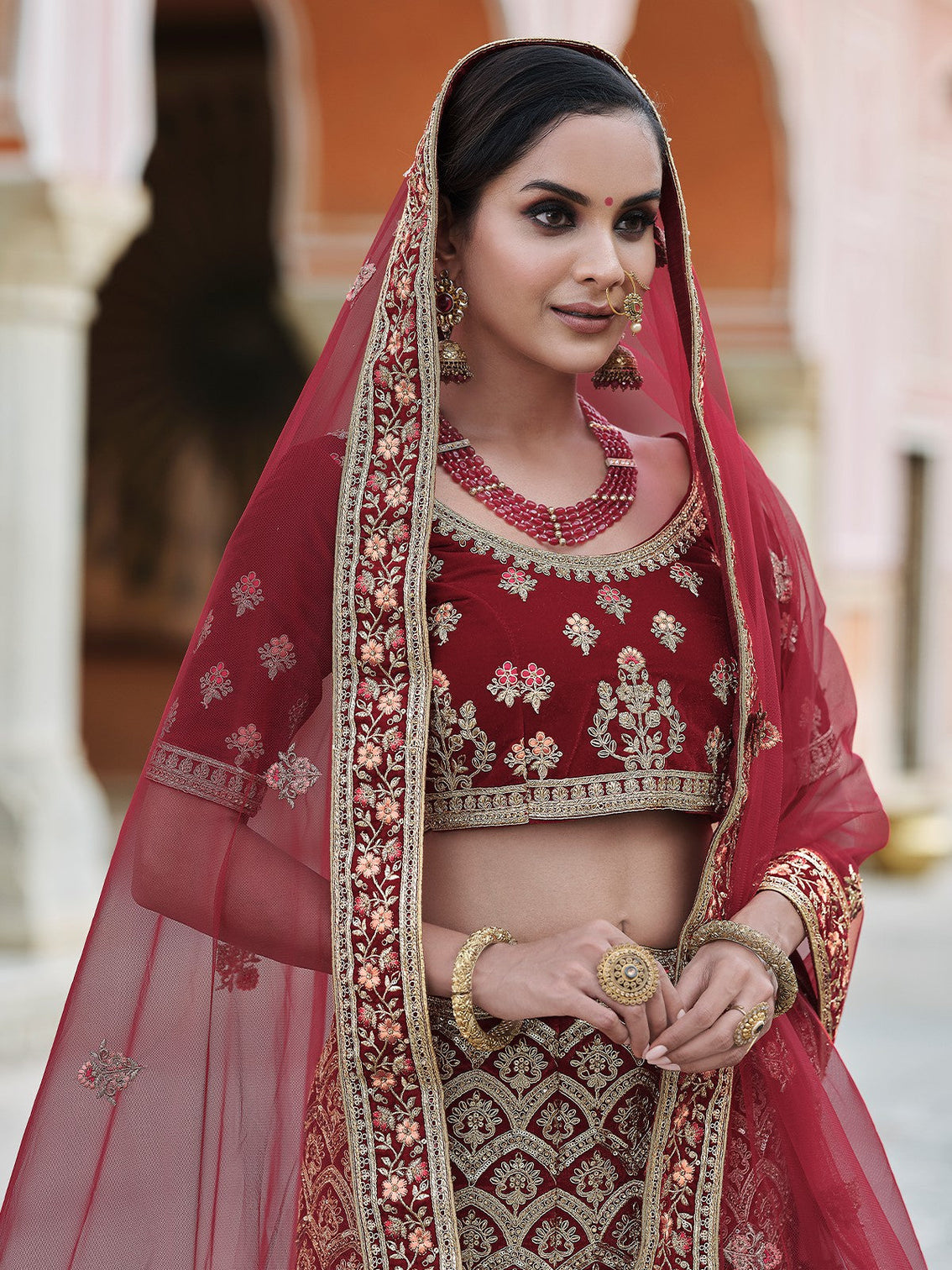 Designer Maroon Semi Stitched Lehenga With Unstitched Blouse