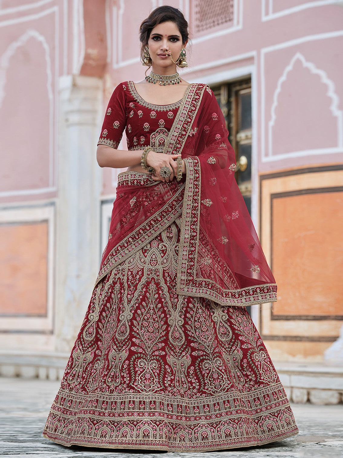Maroon Elegant Semi Stitched Lehenga With Unstitched Blouse