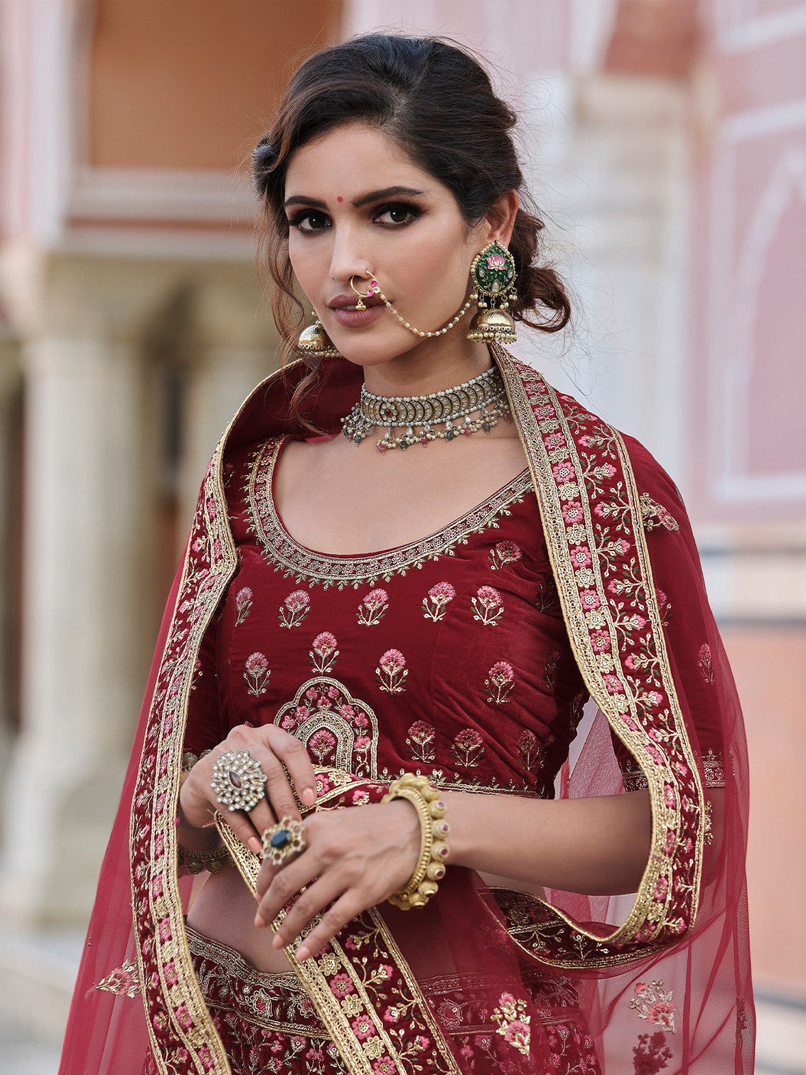 Maroon Elegant Semi Stitched Lehenga With Unstitched Blouse