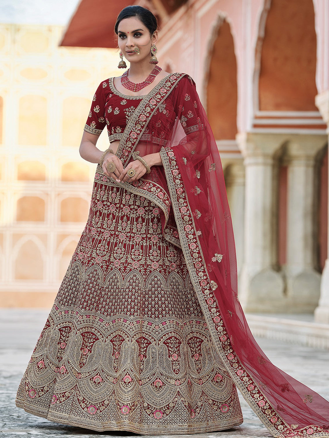 Festive Maroon Semi Stitched Lehenga With Unstitched Blouse