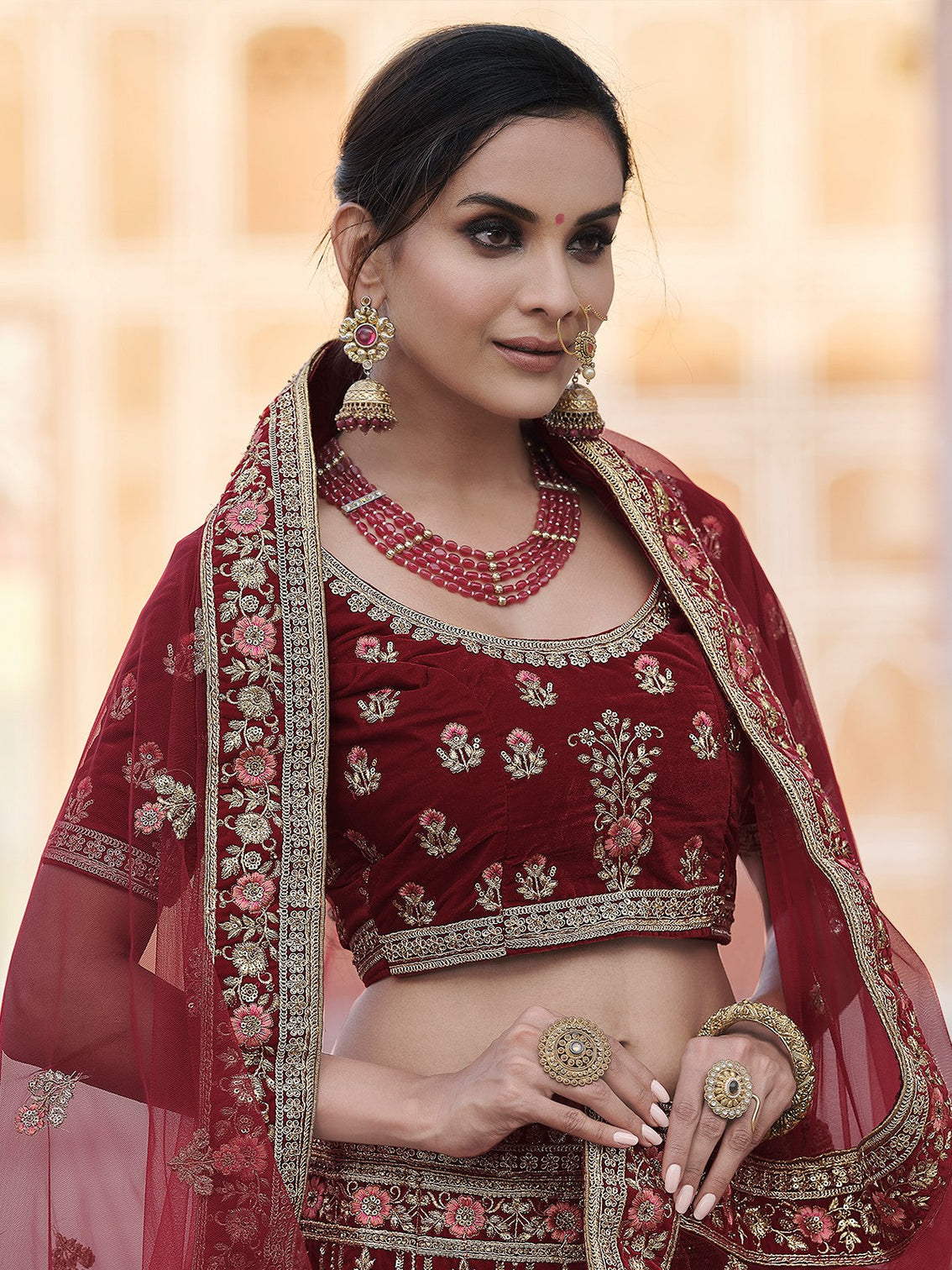 Festive Maroon Semi Stitched Lehenga With Unstitched Blouse