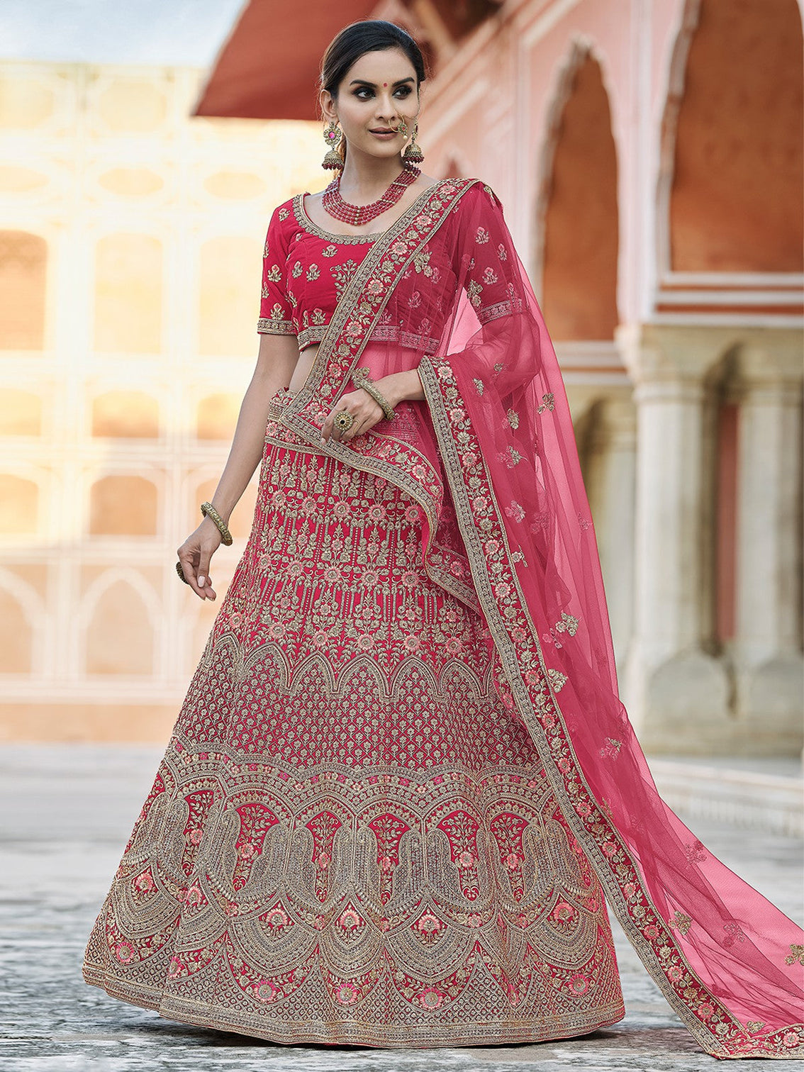 Pink Velvet Soft Net Semi Stitched Lehenga With Unstitched Blouse