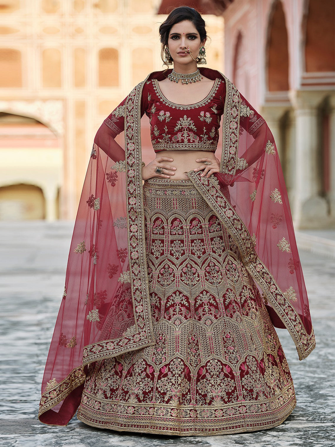 Maroon Soft Net Hand Work And Embroidery Semi Stitched Lehenga With  Unstitched Blouse