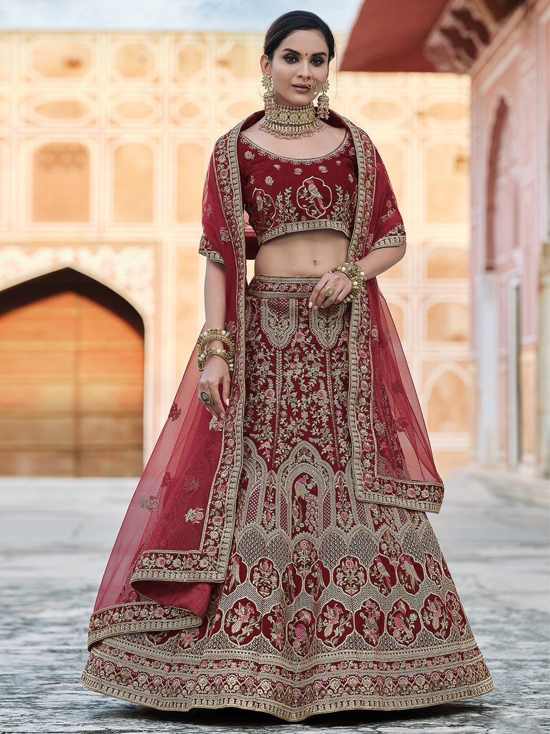 Maroon Elegant Semi Stitched Lehenga With Unstitched Blouse