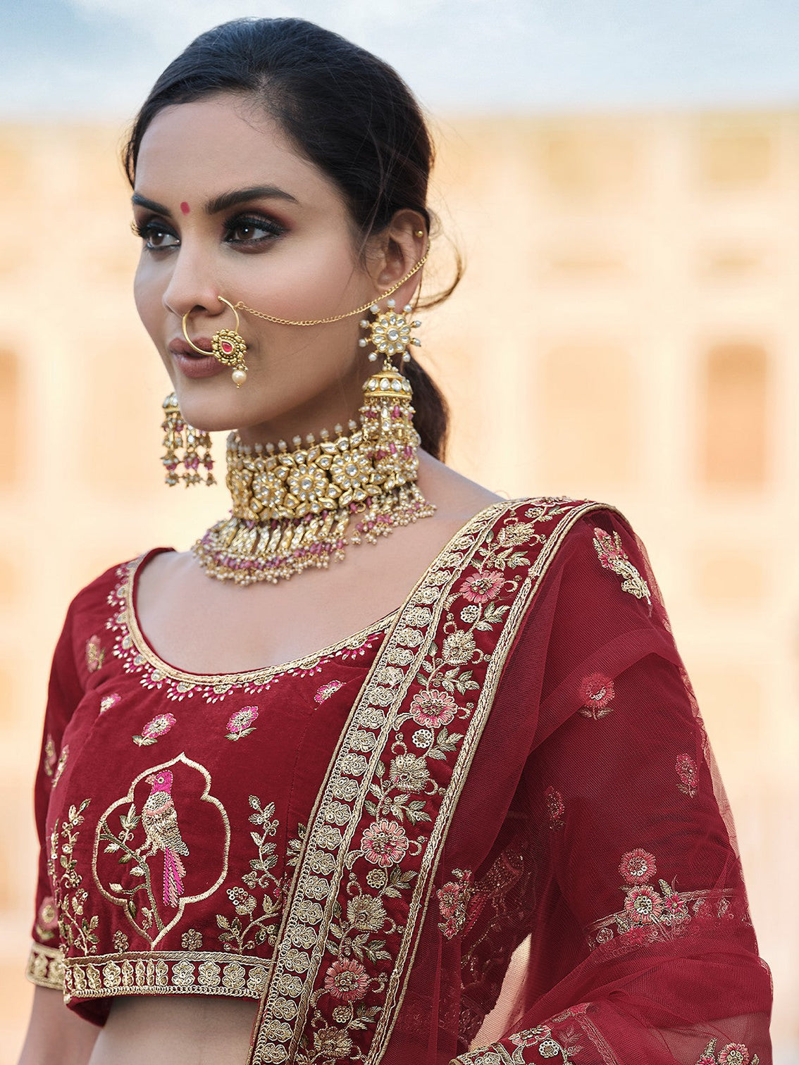 Maroon Elegant Semi Stitched Lehenga With Unstitched Blouse