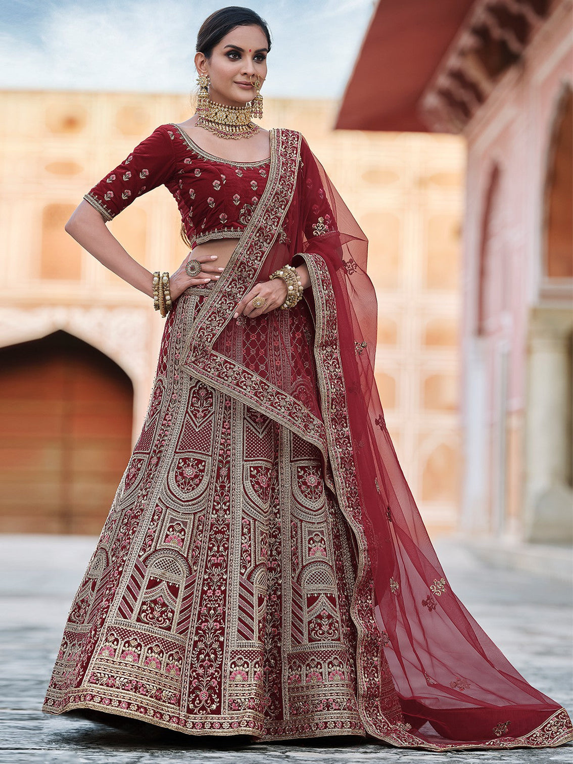 Maroon Designer Semi Stitched Lehenga With Unstitched Blouse