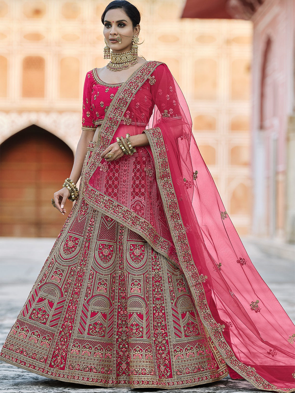 Fancy Pink Semi Stitched Lehenga With Unstitched Blouse