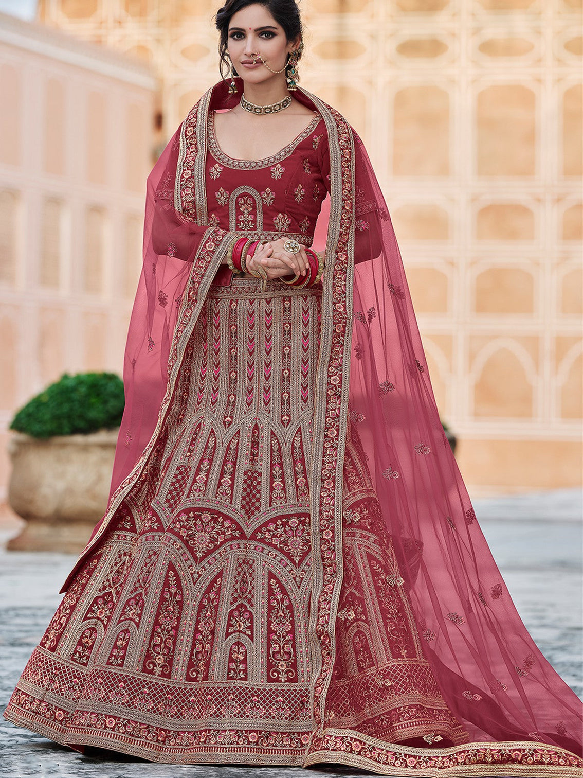 Maroon Elegant Semi Stitched Lehenga With Unstitched Blouse