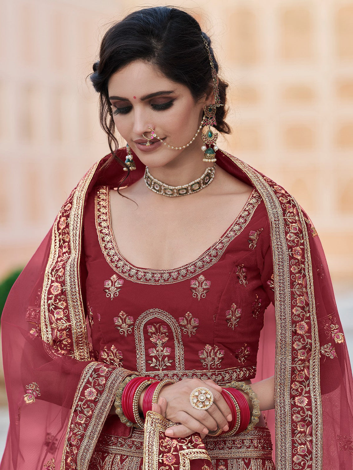 Maroon Elegant Semi Stitched Lehenga With Unstitched Blouse