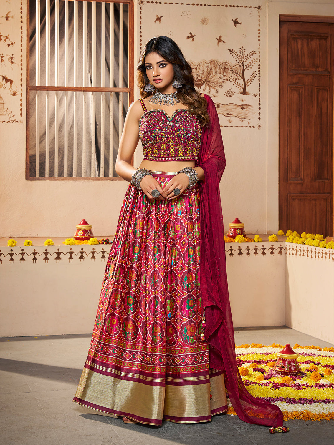 Maroon Silk Printed Semi Stitched Lehenga With Unstitched Blouse