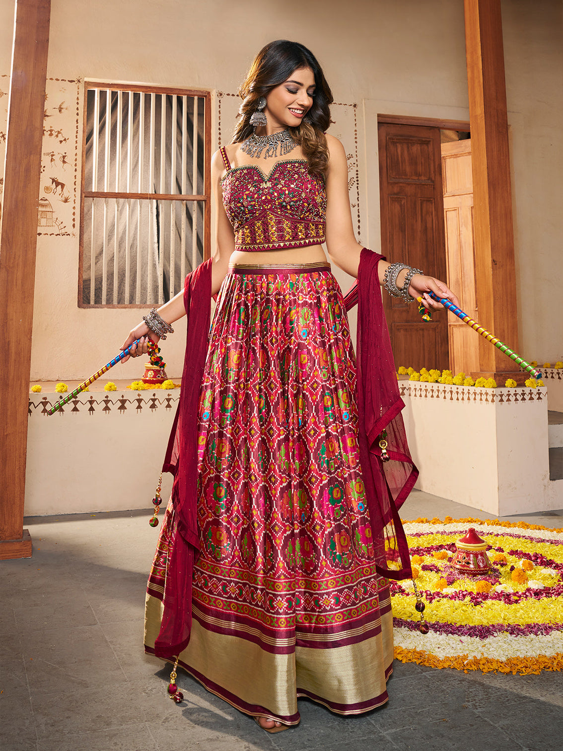 Maroon Silk Printed Semi Stitched Lehenga With Unstitched Blouse