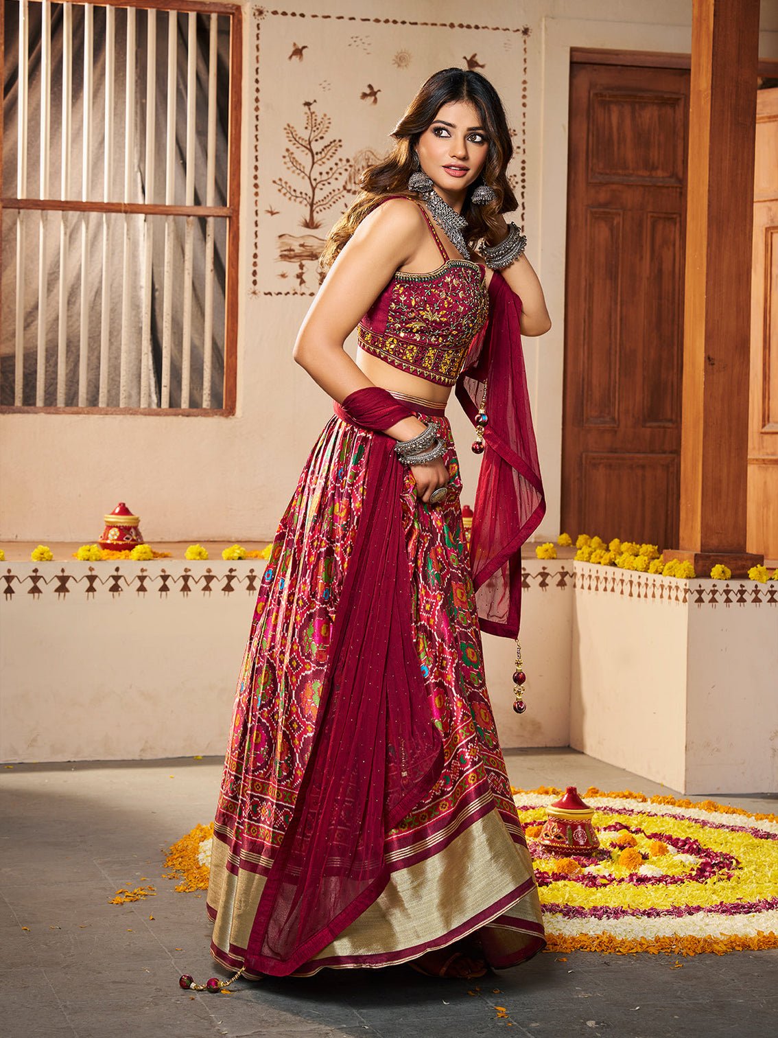 Maroon Silk Printed Semi Stitched Lehenga With Unstitched Blouse