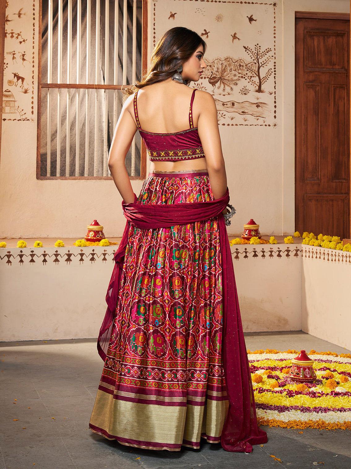 Maroon Silk Printed Semi Stitched Lehenga With Unstitched Blouse
