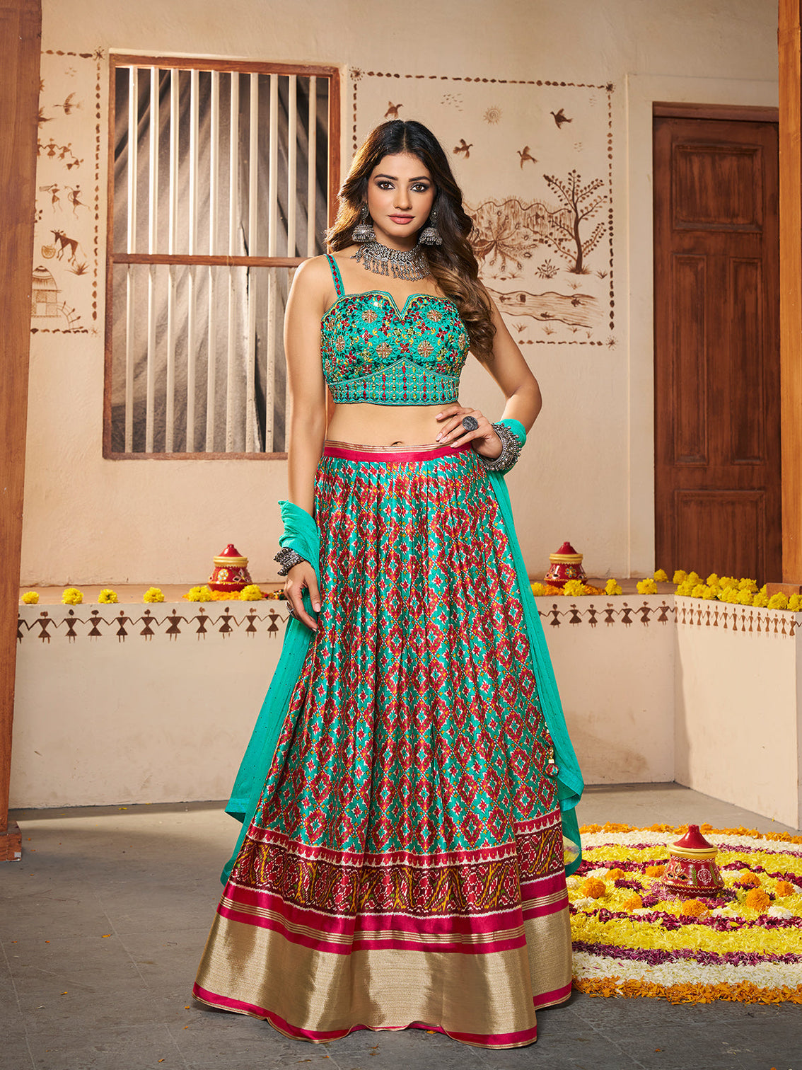 Blue Silk Printed Semi Stitched Lehenga With Unstitched Blouse