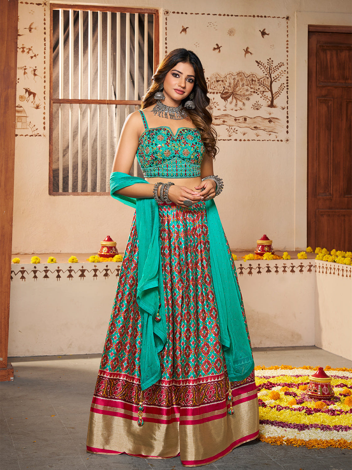 Blue Silk Printed Semi Stitched Lehenga With Unstitched Blouse