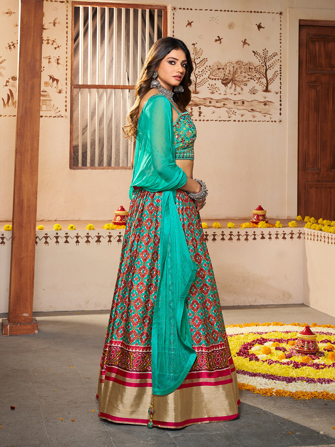 Blue Silk Printed Semi Stitched Lehenga With Unstitched Blouse