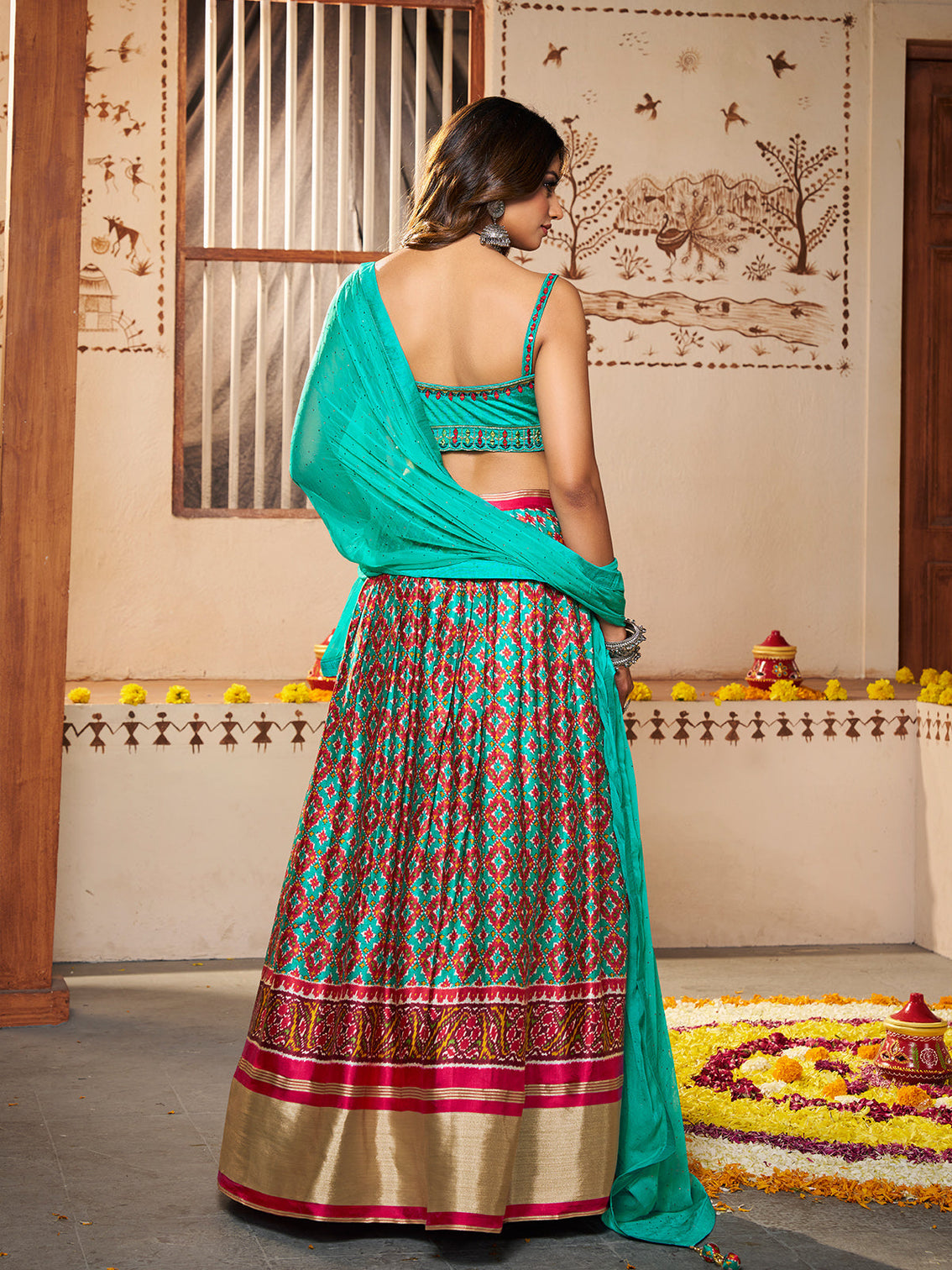 Blue Silk Printed Semi Stitched Lehenga With Unstitched Blouse