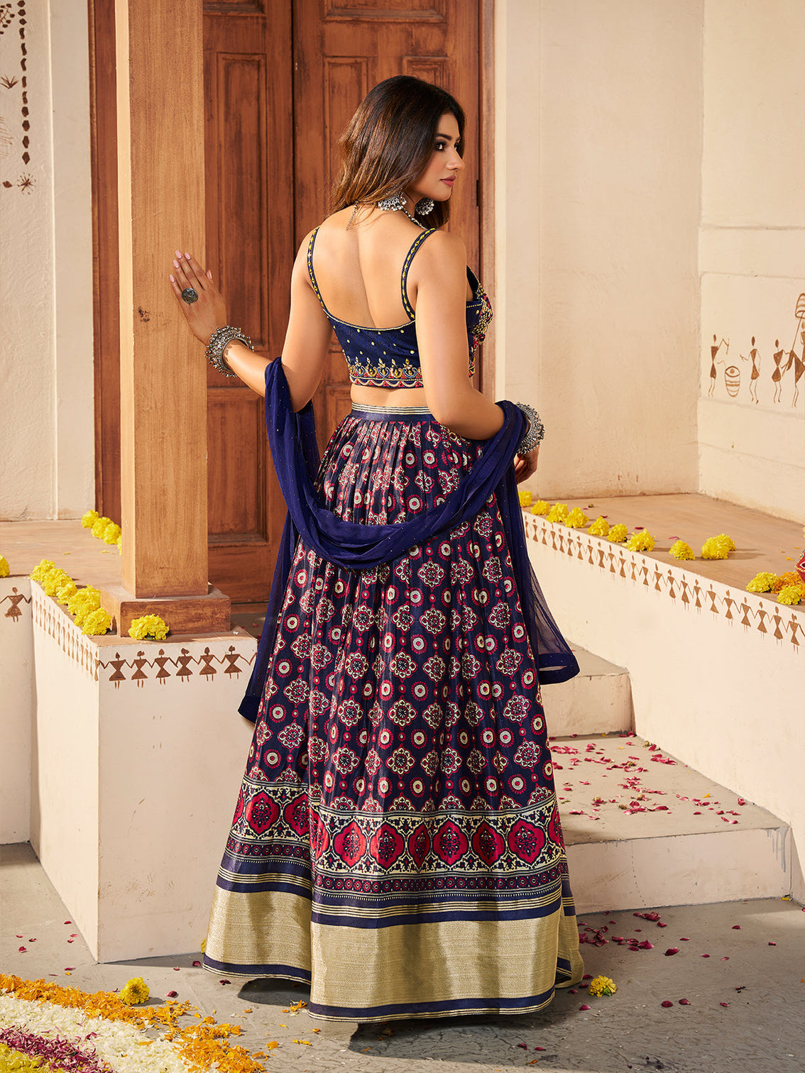 Navy Blue  Silk Printed Semi Stitched Lehenga With Unstitched Blouse