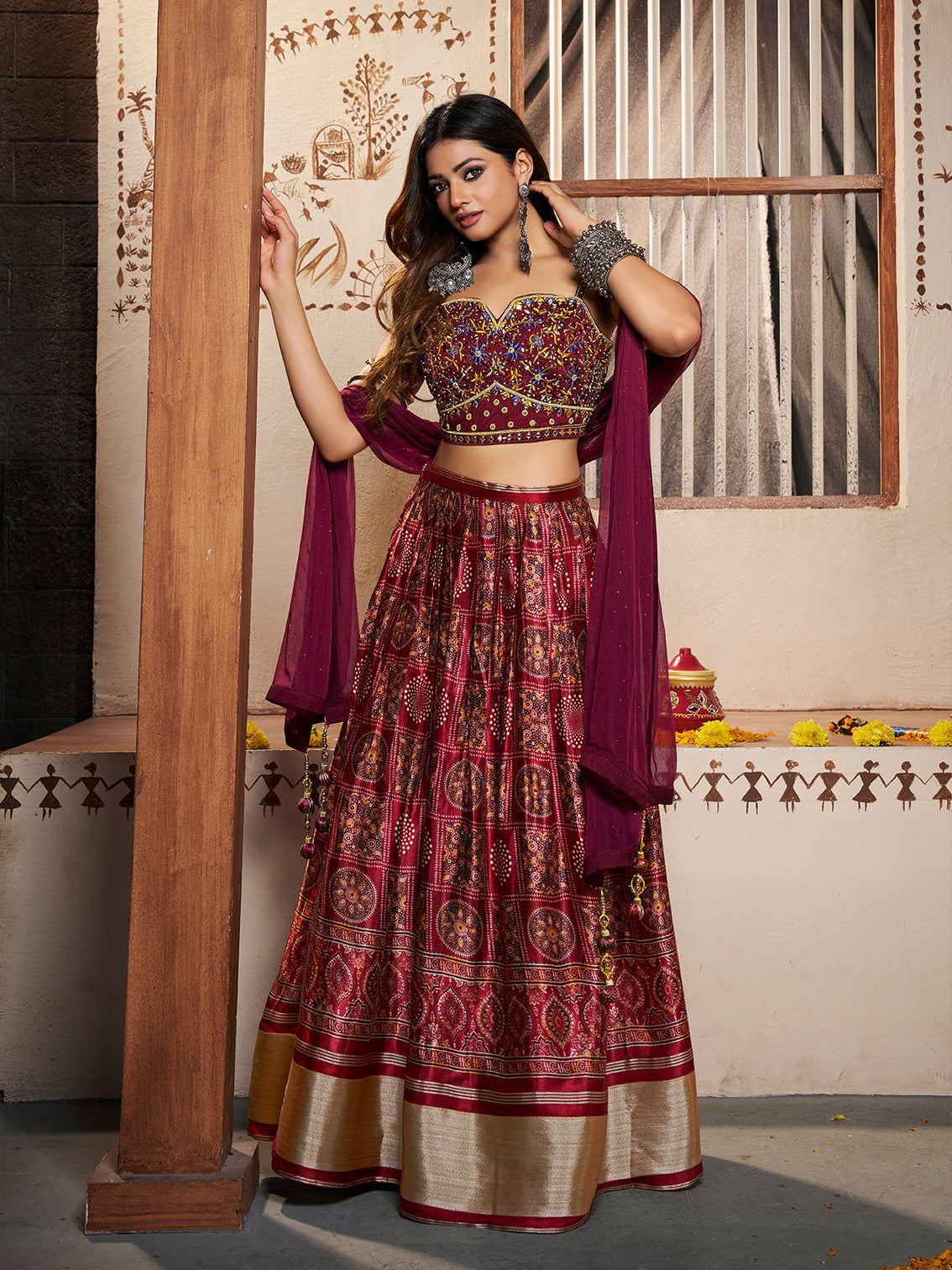 Wine Silk Printed Semi Stitched Lehenga With Unstitched Blouse