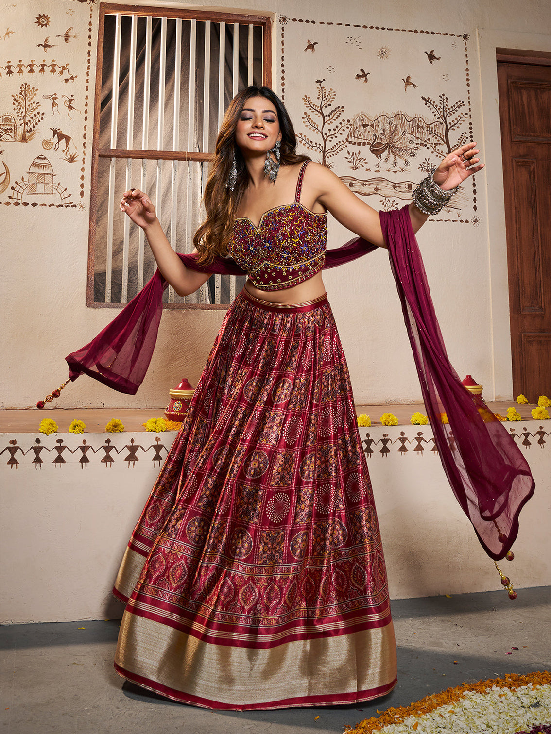Wine Silk Printed Semi Stitched Lehenga With Unstitched Blouse