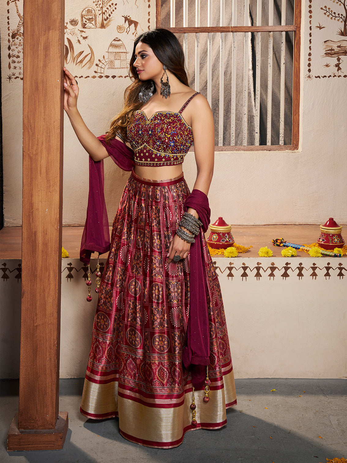Wine Silk Printed Semi Stitched Lehenga With Unstitched Blouse