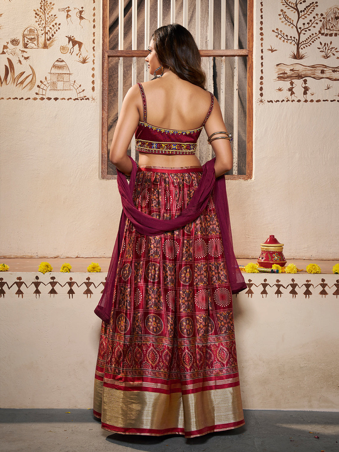Wine Silk Printed Semi Stitched Lehenga With Unstitched Blouse