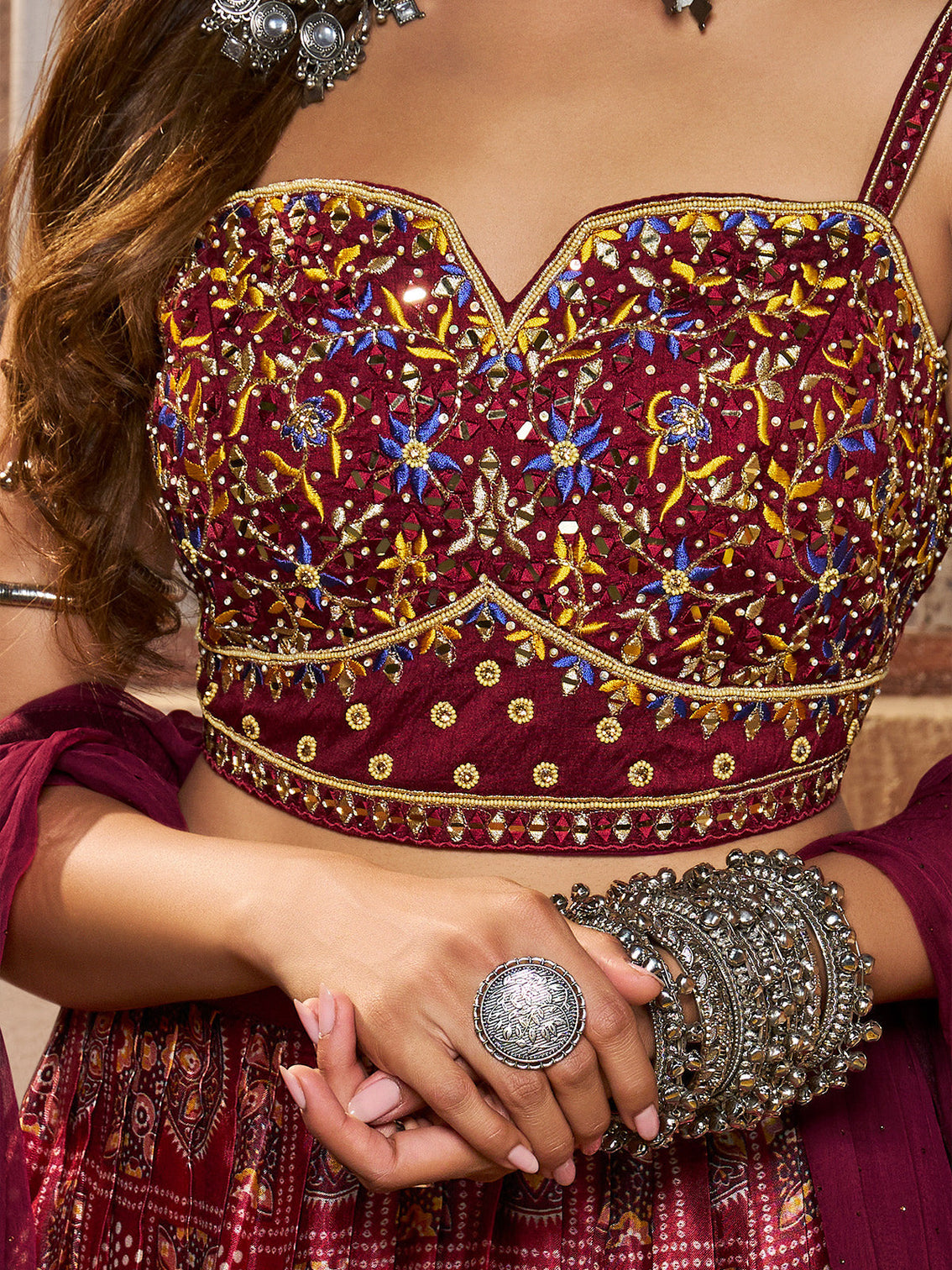 Wine Silk Printed Semi Stitched Lehenga With Unstitched Blouse
