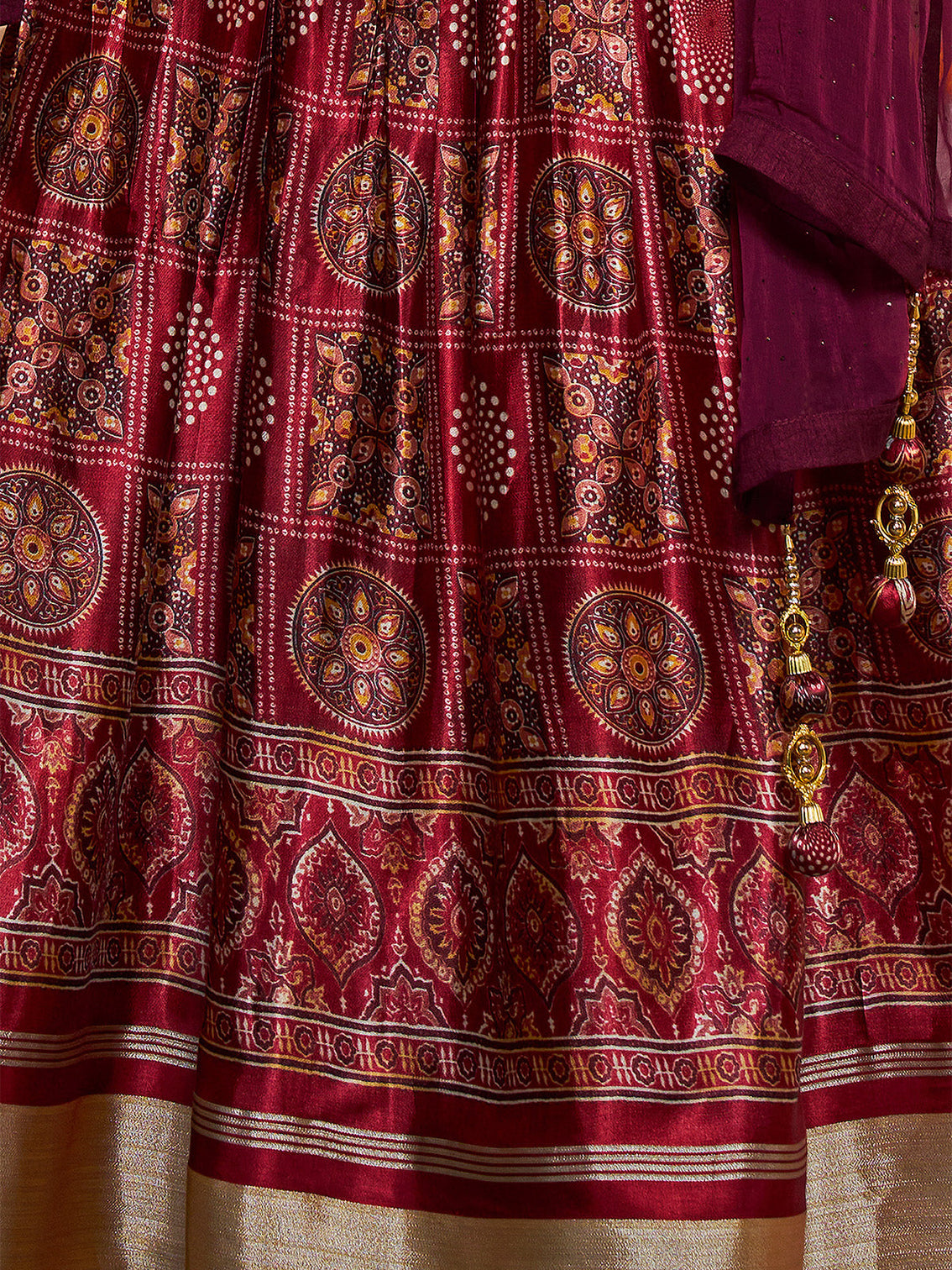 Wine Silk Printed Semi Stitched Lehenga With Unstitched Blouse