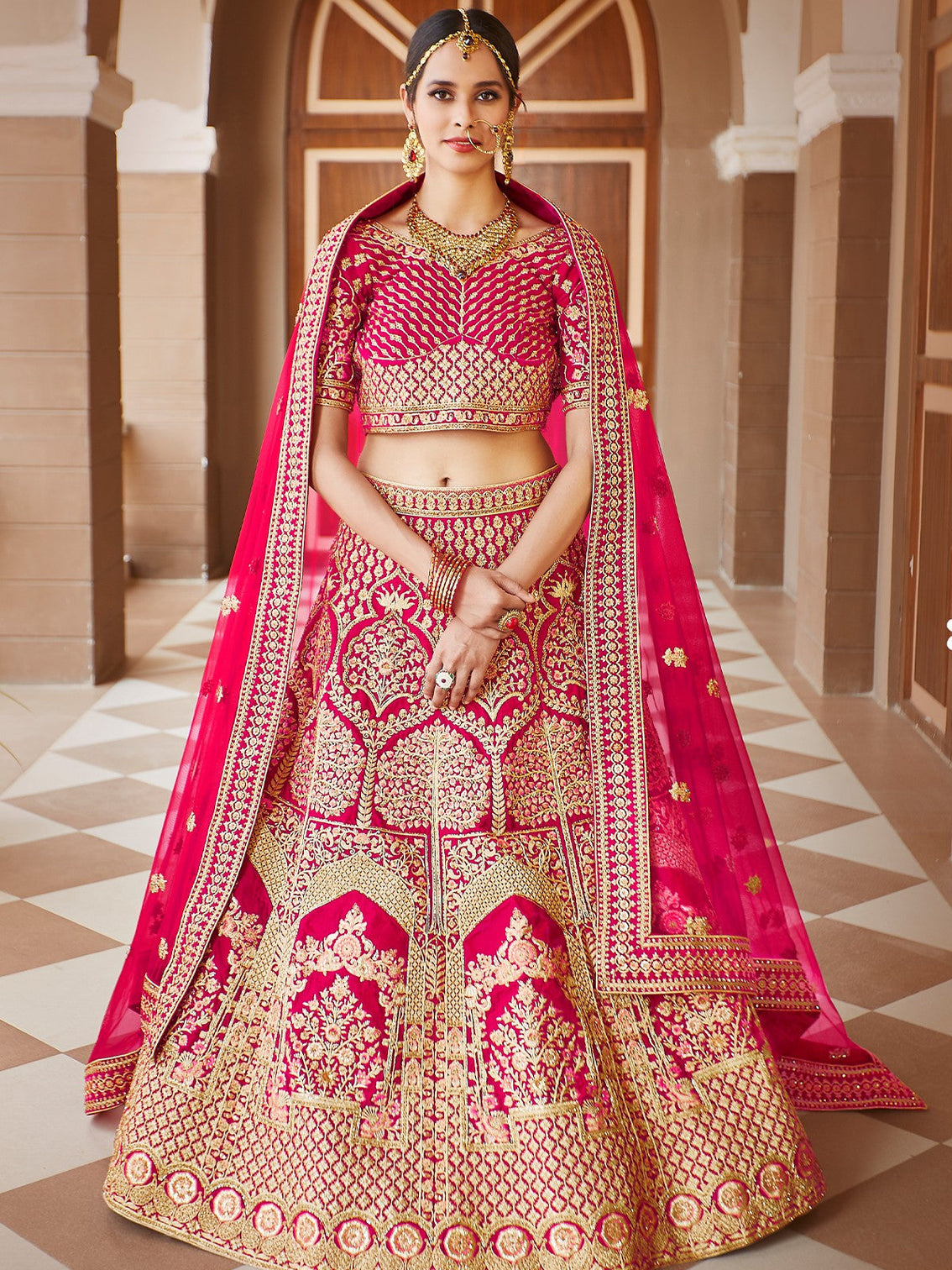 Festive Pink Semi Stitched Lehenga With Unstitched Blouse