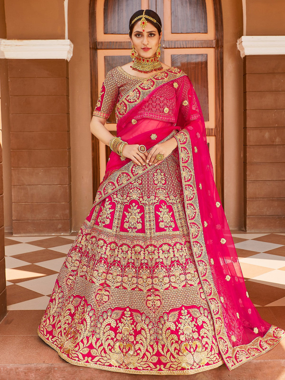 Festive Pink Semi Stitched Lehenga With Unstitched Blouse