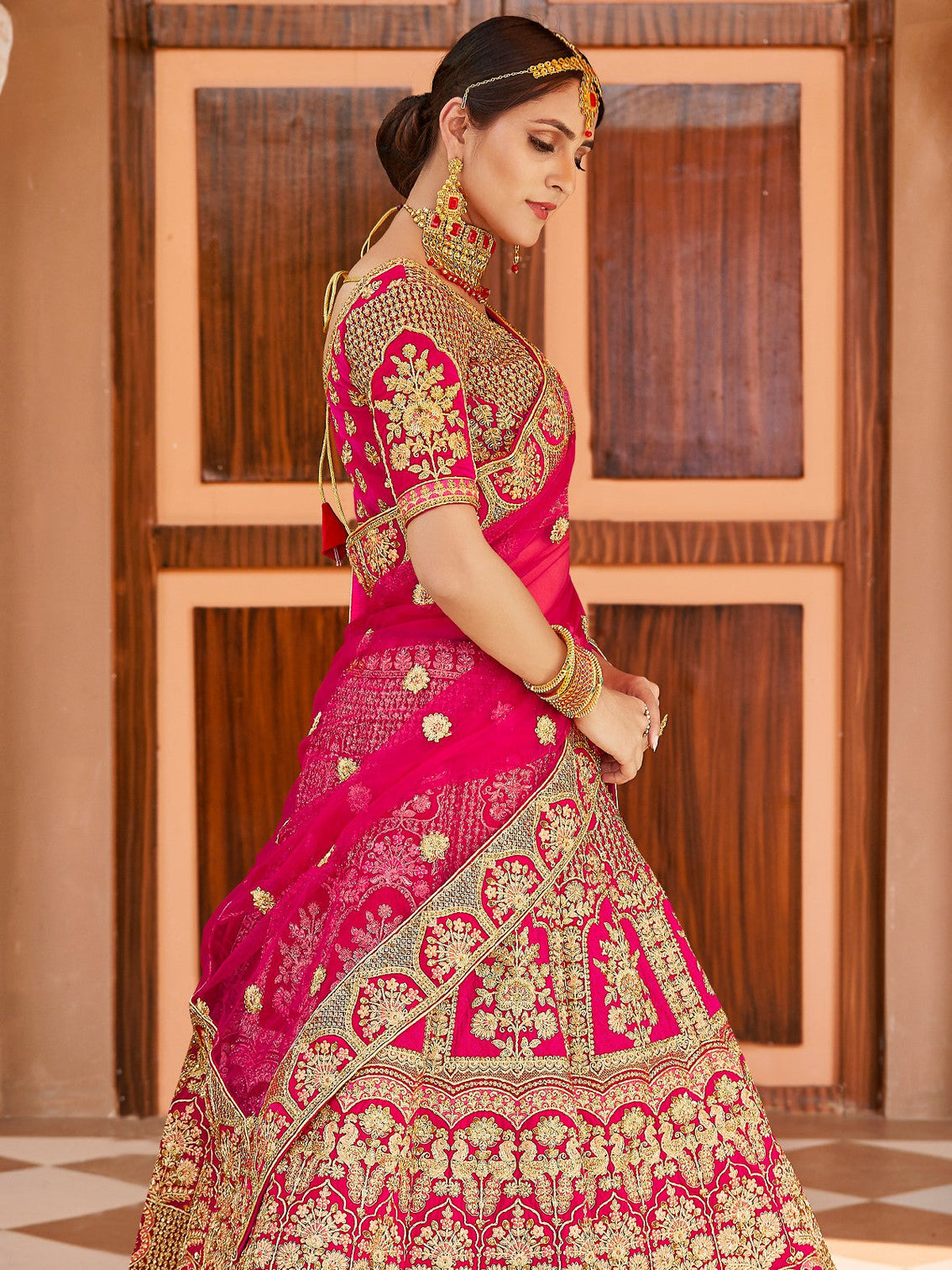 Festive Pink Semi Stitched Lehenga With Unstitched Blouse