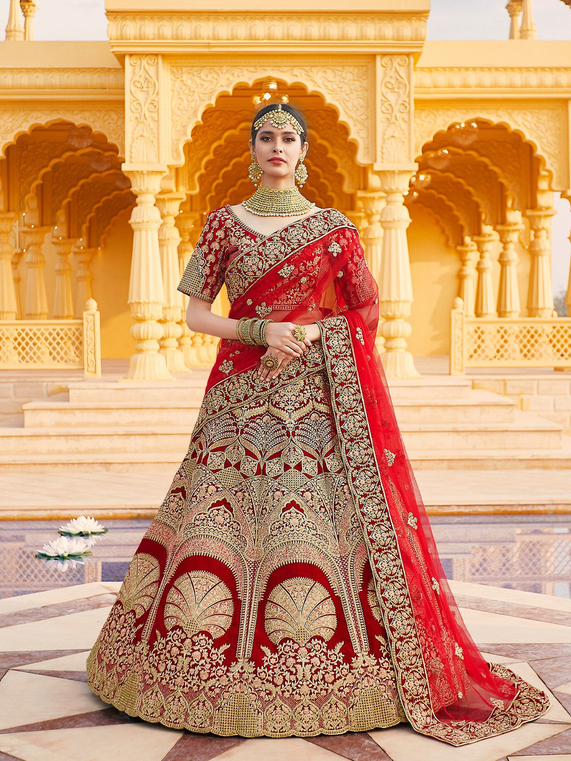 Red Elegant Semi Stitched Lehenga With  Unstitched Blouse