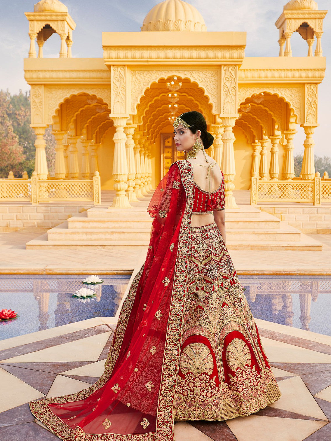 Red Elegant Semi Stitched Lehenga With  Unstitched Blouse