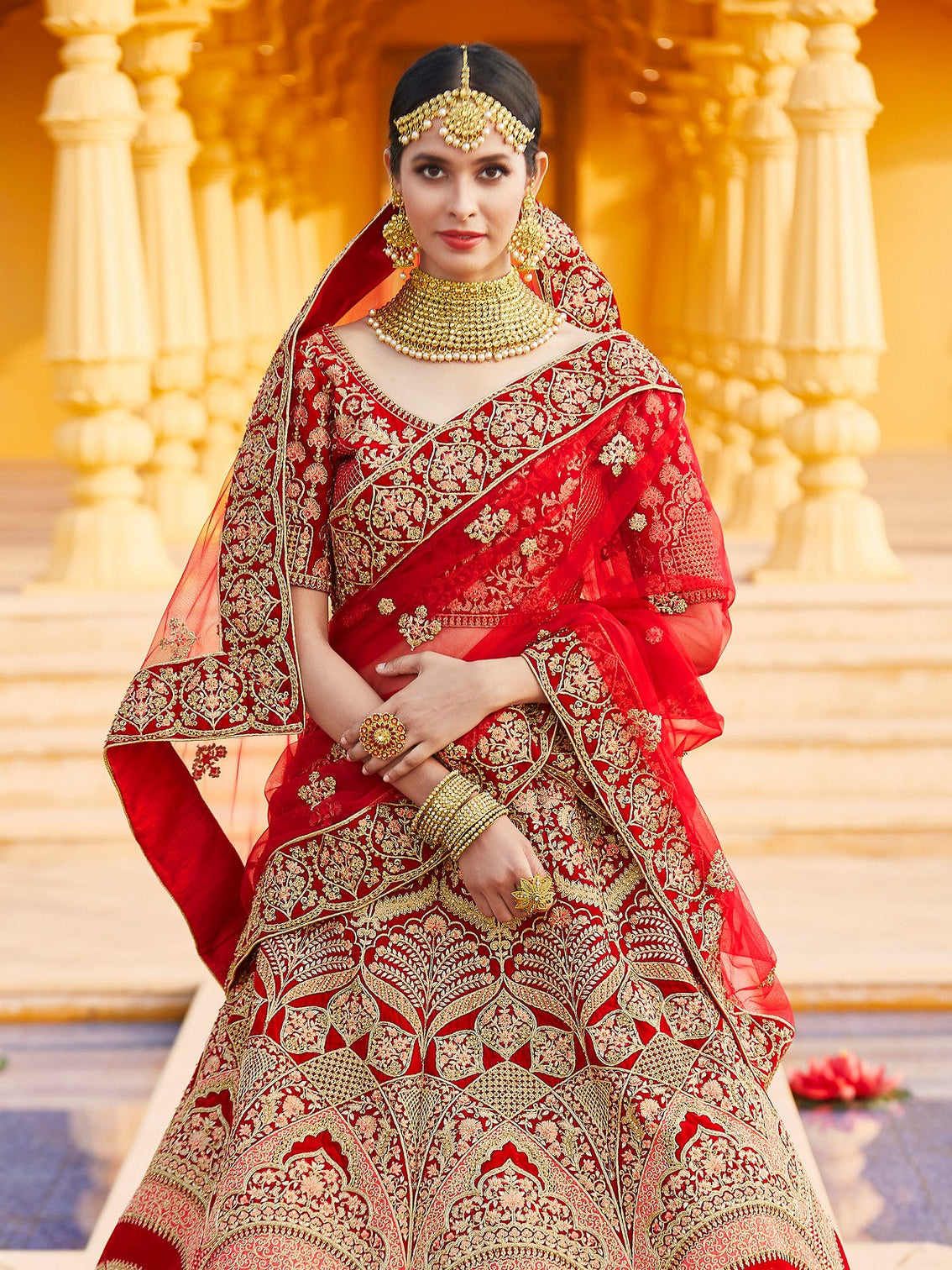 Red Elegant Semi Stitched Lehenga With  Unstitched Blouse