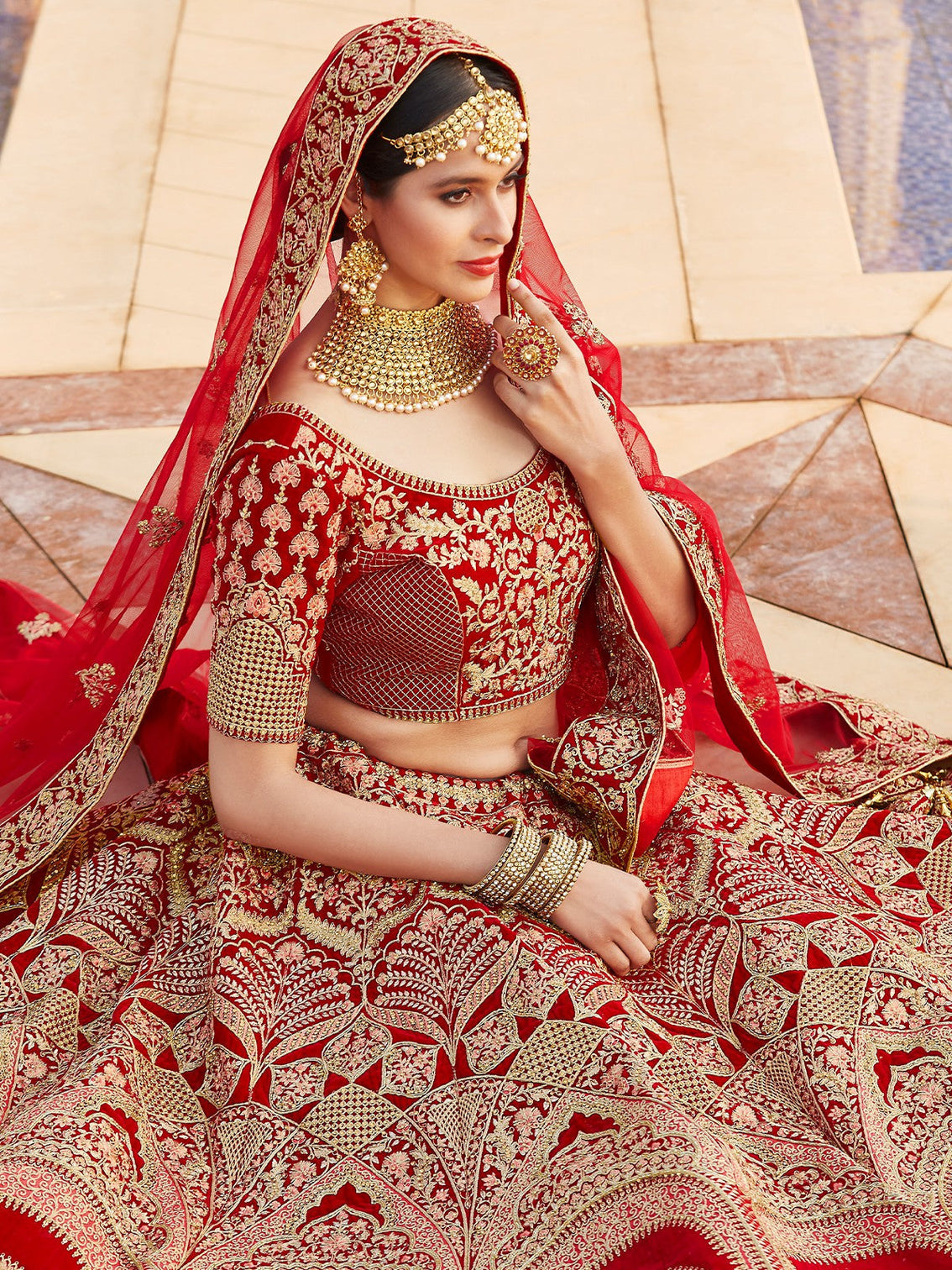 Red Elegant Semi Stitched Lehenga With  Unstitched Blouse