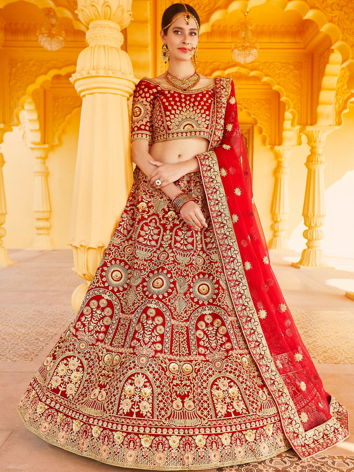 Red Elegant Semi Stitched Lehenga With  Unstitched Blouse