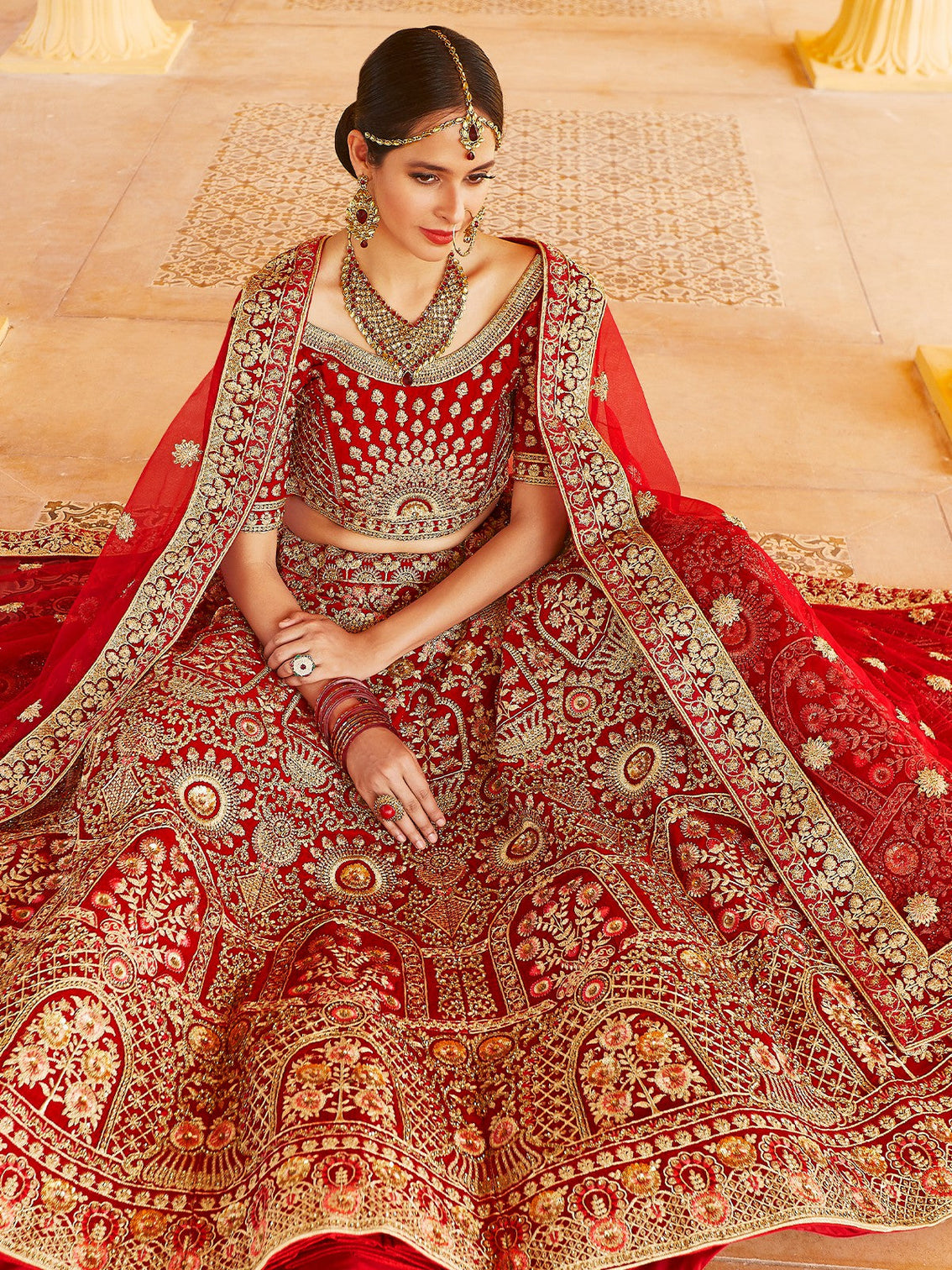 Red Elegant Semi Stitched Lehenga With  Unstitched Blouse