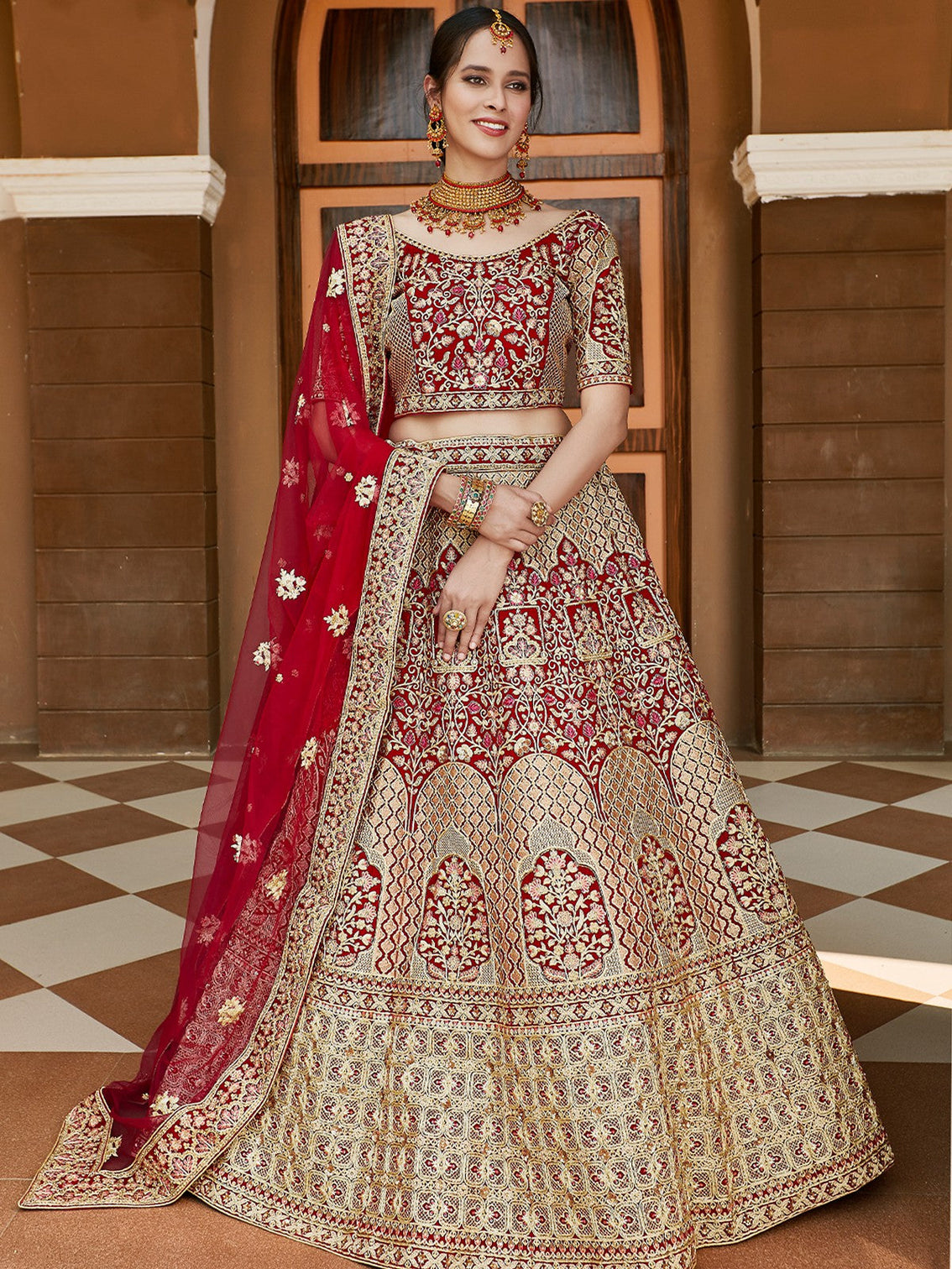 Red Elegant Semi Stitched Lehenga With  Unstitched Blouse