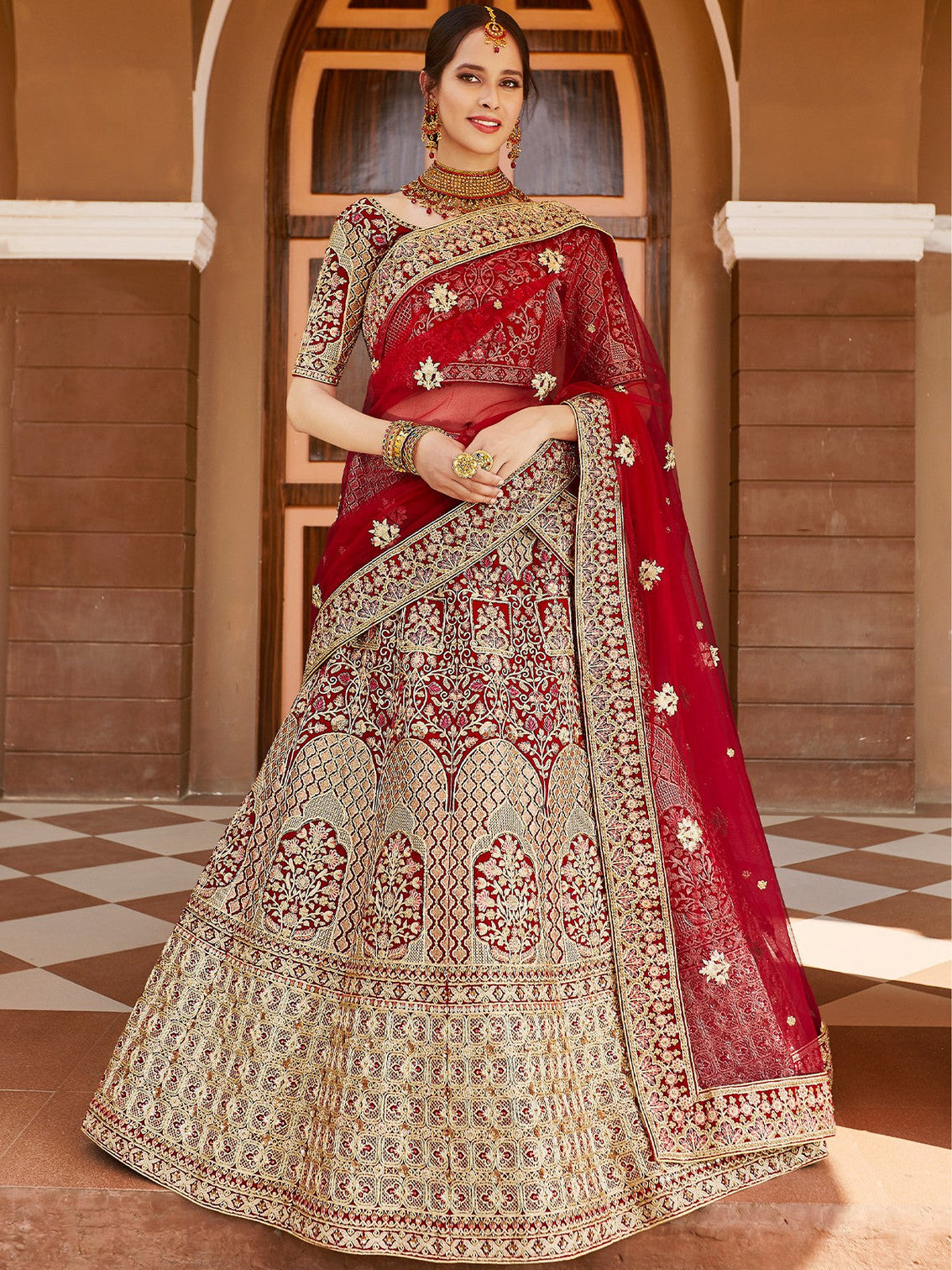 Red Elegant Semi Stitched Lehenga With  Unstitched Blouse