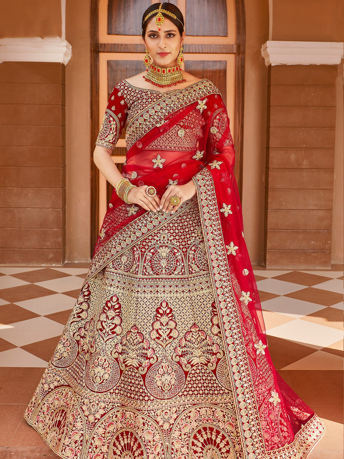 Red Elegant  Semi Stitched Lehenga With  Unstitched Blouse