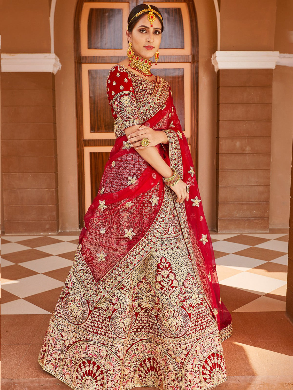 Red Elegant  Semi Stitched Lehenga With  Unstitched Blouse