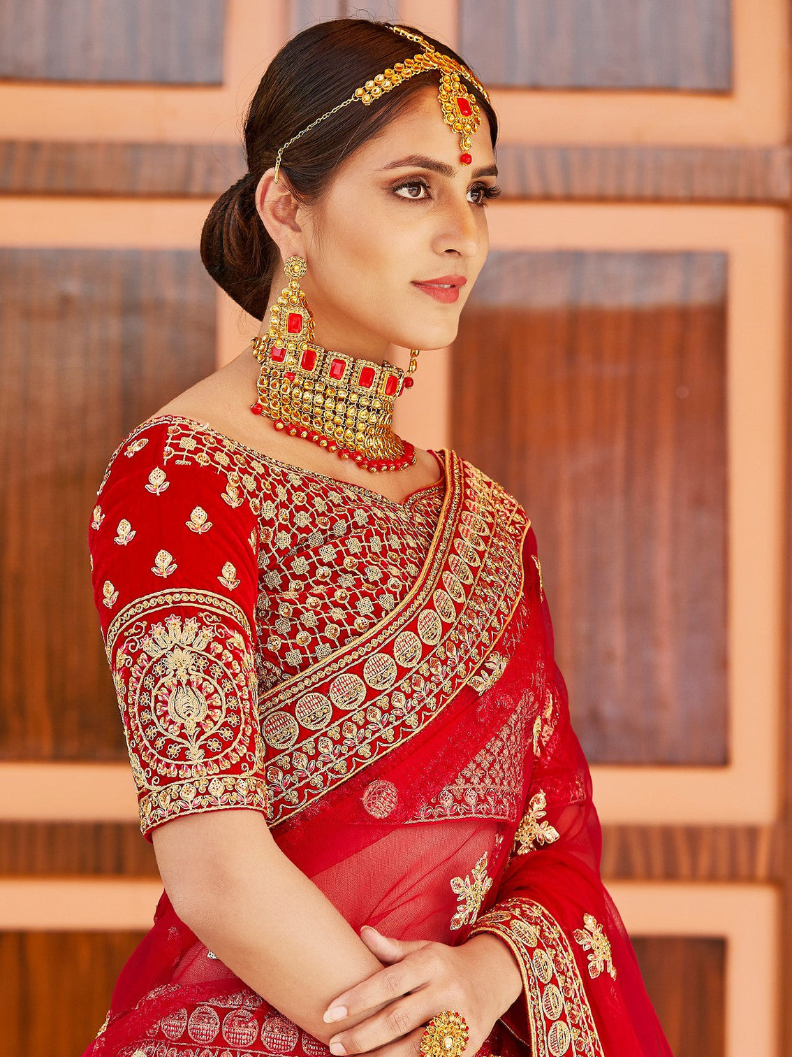 Red Elegant  Semi Stitched Lehenga With  Unstitched Blouse