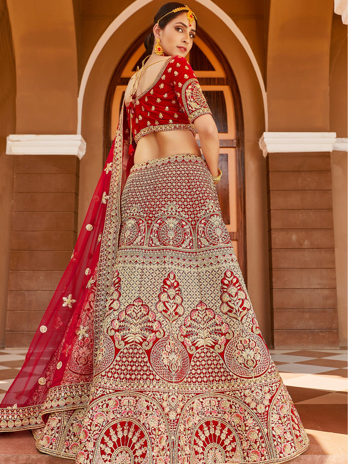 Red Elegant  Semi Stitched Lehenga With  Unstitched Blouse