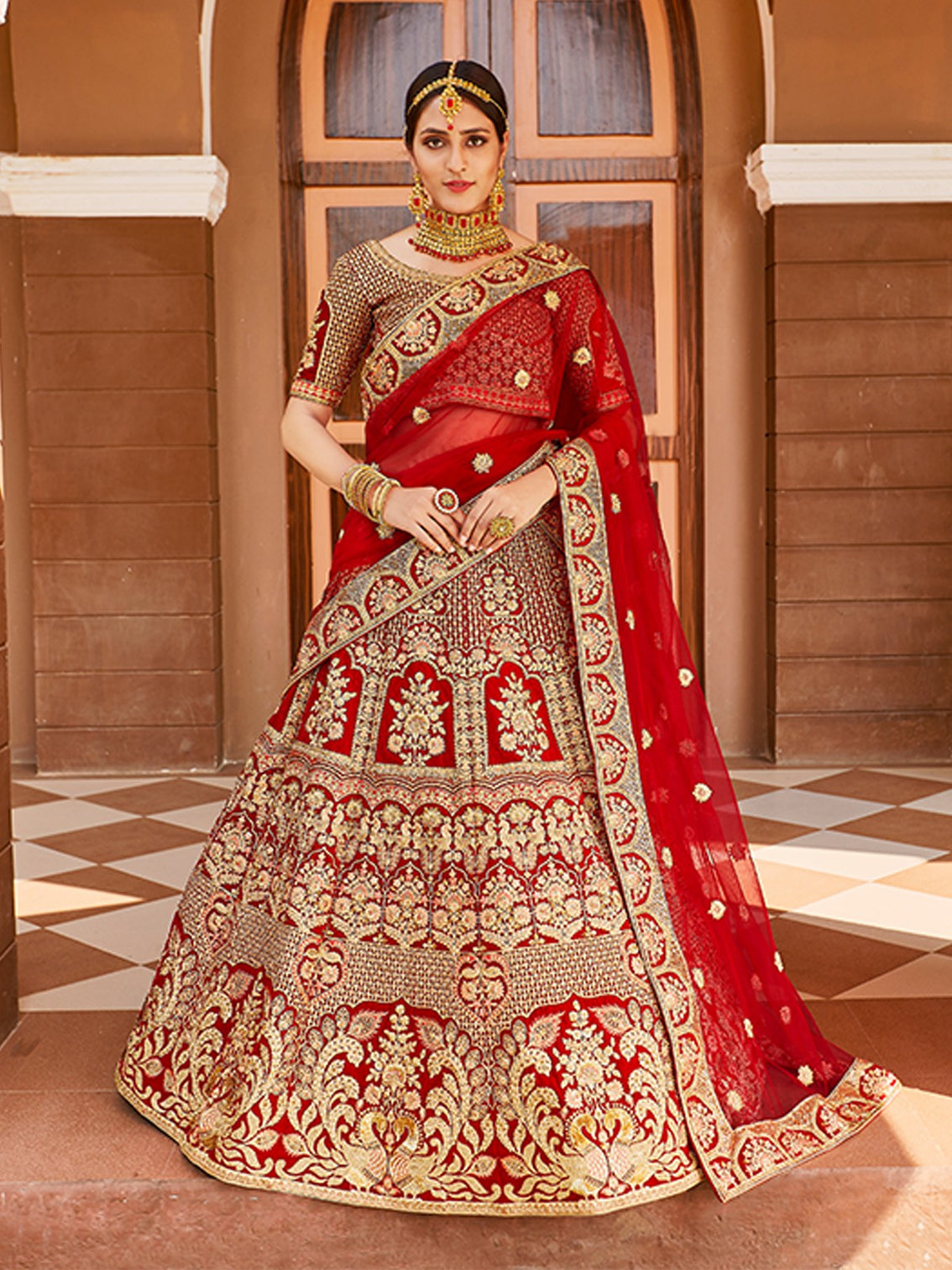 Red Elegant Semi Stitched Lehenga With Unstitched Blouse