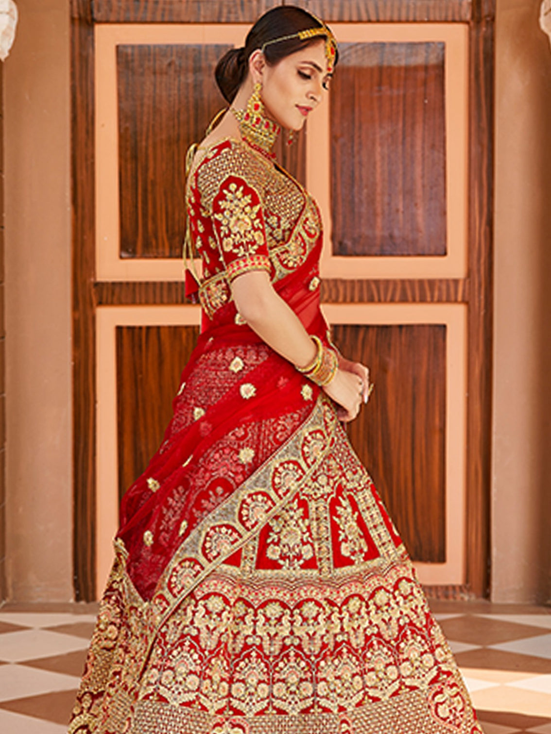 Red Elegant Semi Stitched Lehenga With Unstitched Blouse