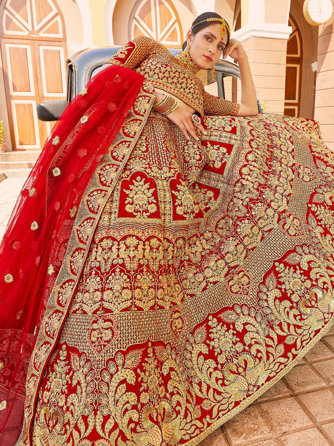 Red Elegant Semi Stitched Lehenga With Unstitched Blouse