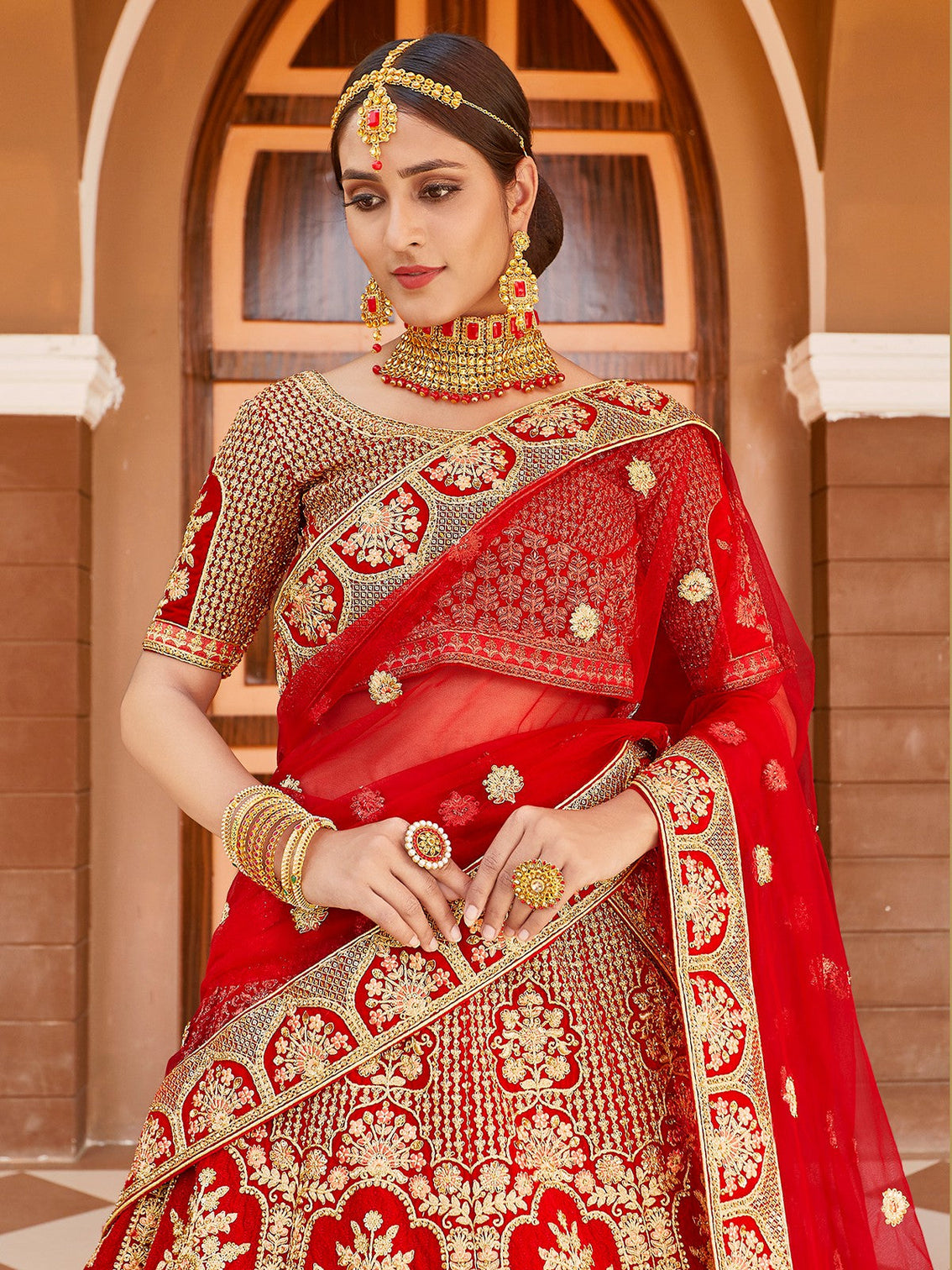 Red Elegant Semi Stitched Lehenga With Unstitched Blouse