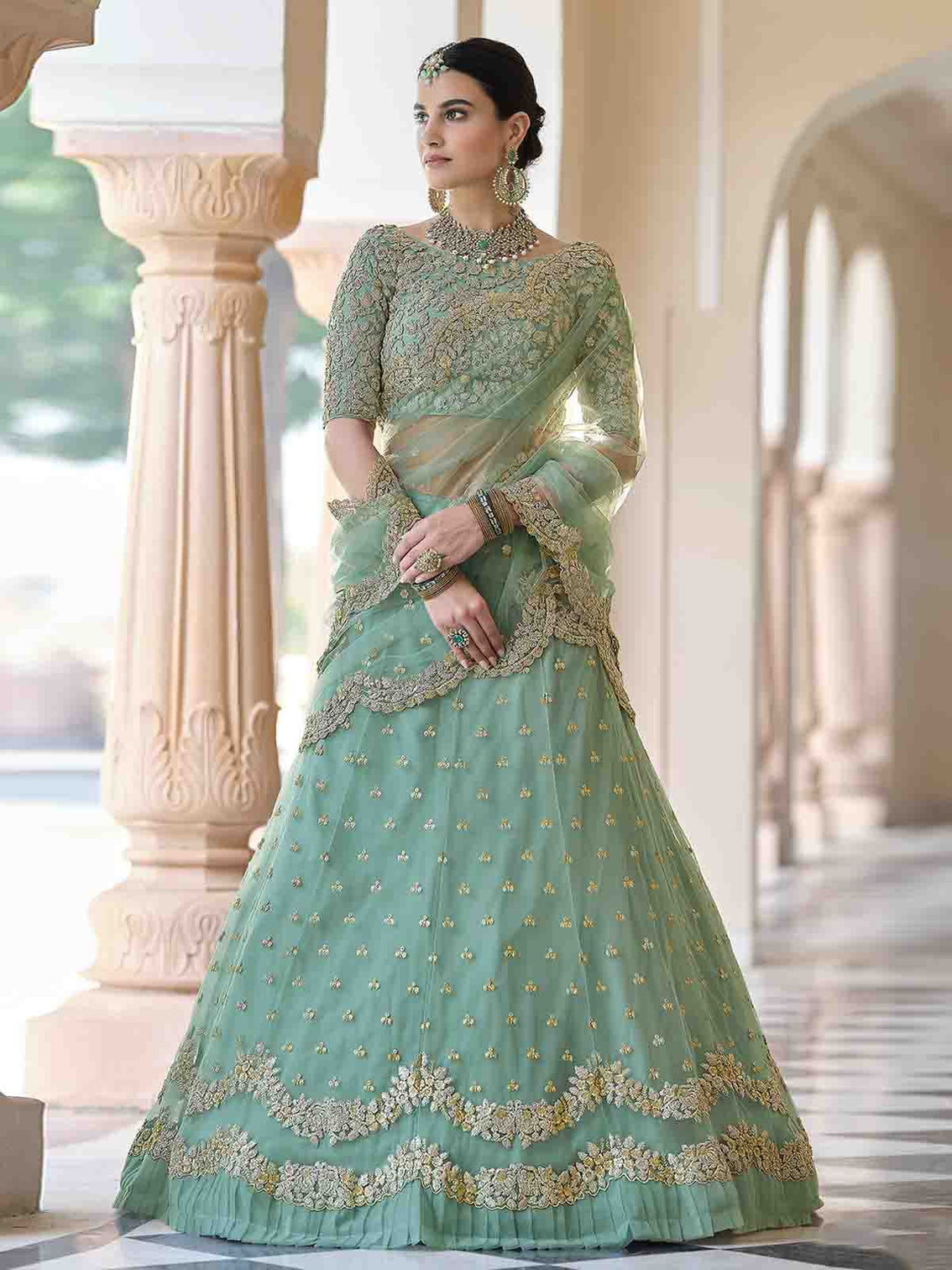 Green Elegant Semi Stitched Lehenga With Unstitched Blouse