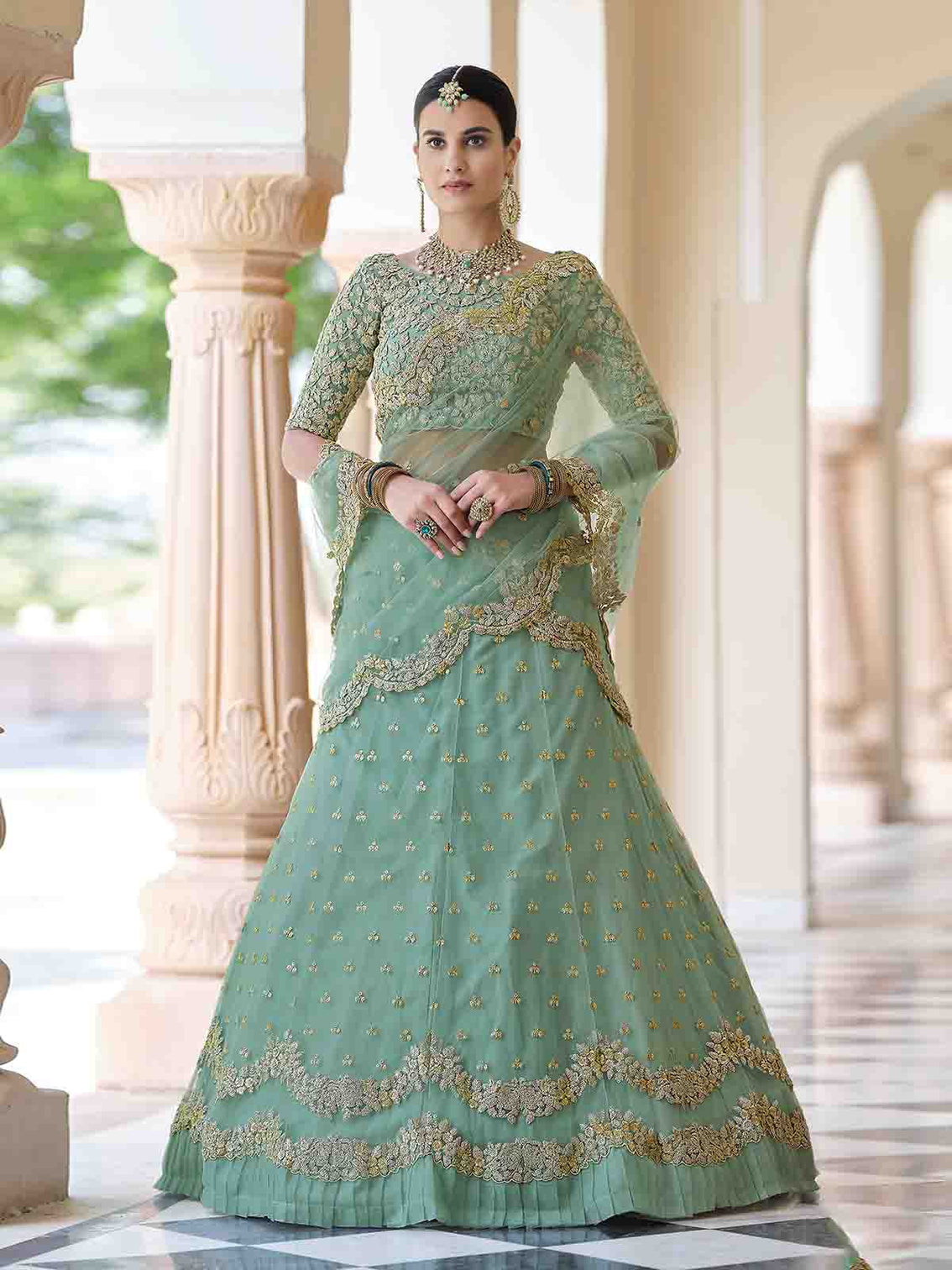 Green Elegant Semi Stitched Lehenga With Unstitched Blouse
